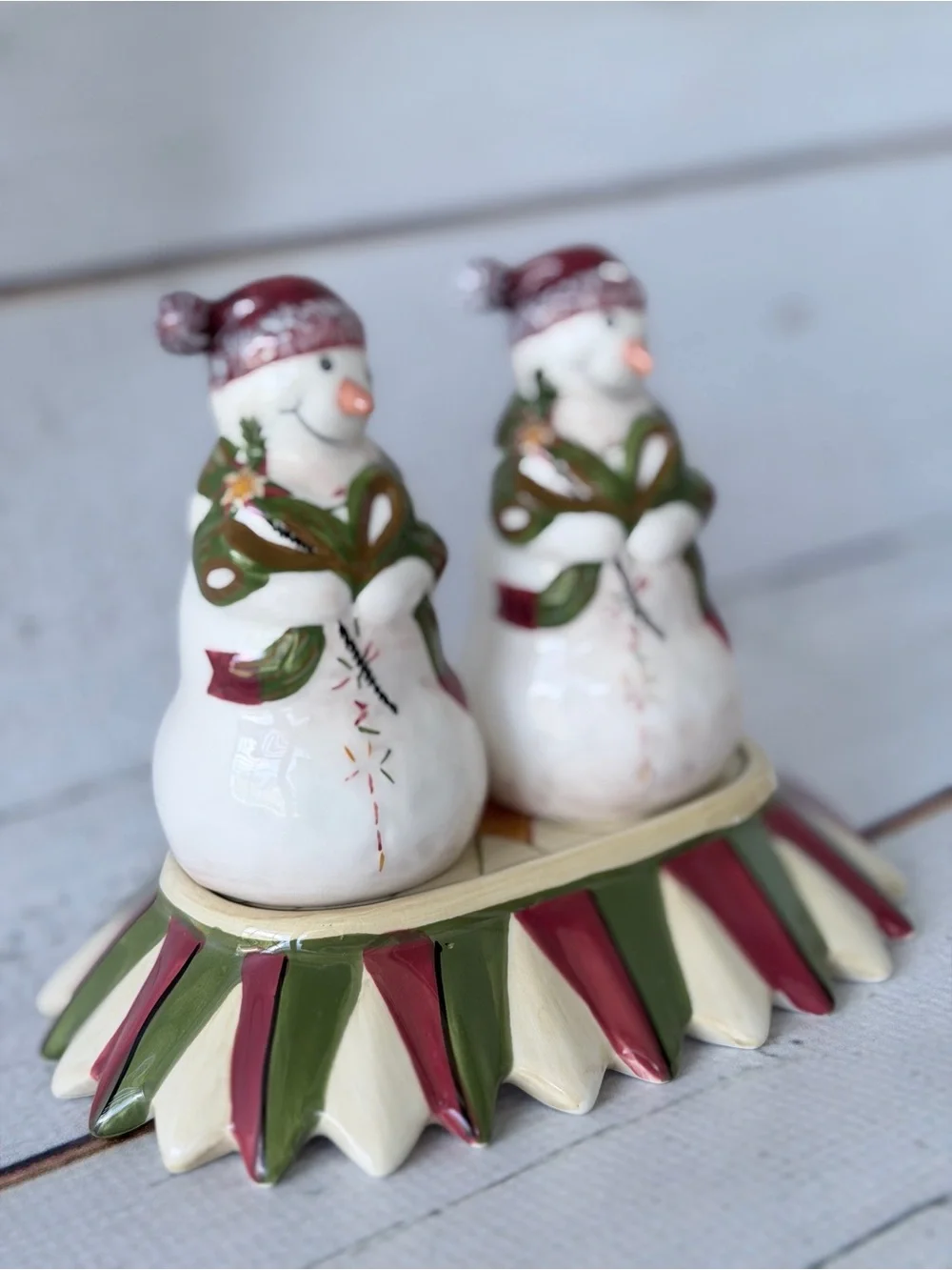 Vintage Ceramic Snowman Christmas Salt & Pepper Shakers Set with Base Tray